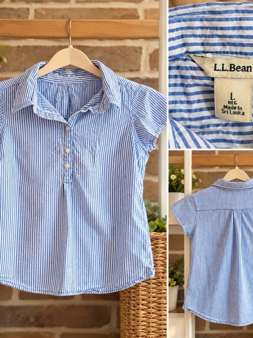 L.L. Bean Girls' Light Blue and White Striped Short-Sleeve Button Polo